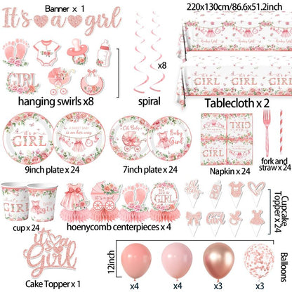 Its a Girl Baby Shower Decorations, Pink Floral Baby Shower Decorations for Girl Include Plates,Napkins,Banner,Balloons,Tablecloth,Cups,Hanging Swirl,Cake Topper,Honeycomb for Baby Girl Party Decor