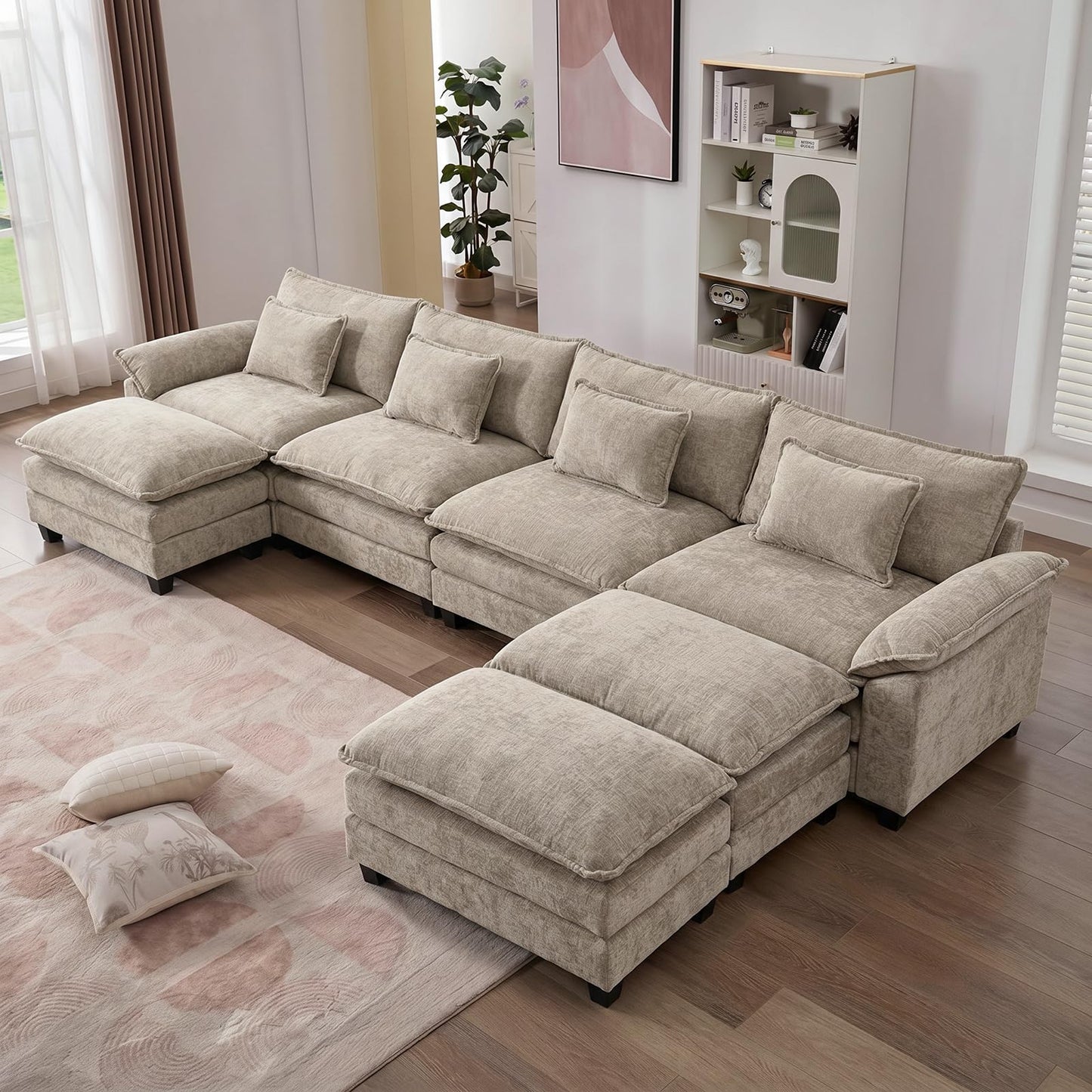 IPKIG 154" Modular Sectional Sofa, Chenille C-Shaped Sectional Couch Comfy Upholstered Seat Sofa with Ottoman, Deep Seat Cloud Couch Sofa for Living Room, Khaki