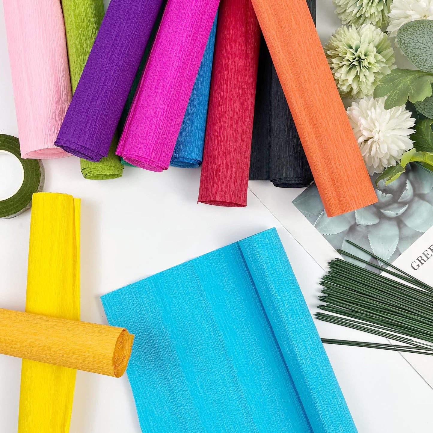 Cieovo Crepe Paper Flower DIY Kits, 12 Rolls Bright Colors Crepe Paper Rolls Floral Tape and 50 Green Floral Iron Wire for Wedding Festival Party Wreath Making Supplies DIY Flower Crafts
