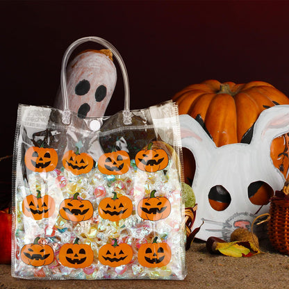 Kosiz 24 Pcs Halloween Clear Gift Bags Pumpkin Goodie Bag Halloween Party Favors PVC Treat Bags Bulk with Handle for Candy, Autumn Thanksgiving Party Supplies