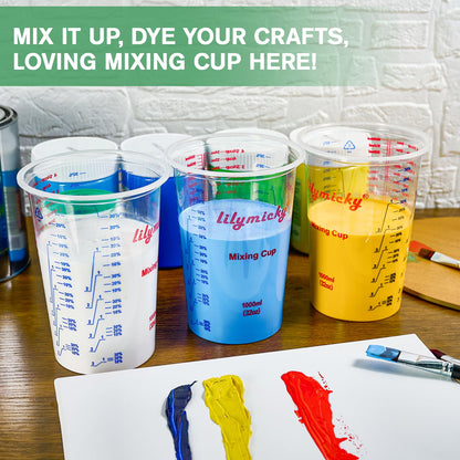 25 PACK Plastic Measuring Cups, 32 oz (1000ml) Disposable Mixing Cups, Measurement ratios: 2:1, 3:1, 4:1, Perfect for Epoxy Resin, Paint Mixing, Art DIY