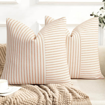 16x16, Set 2, YCOLL Fall Pillow Covers Modern Accent Throw Pillow Covers of Burnt Orange Striped Patchwork Linen
