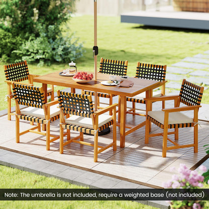 Tangkula 7 Piece Patio Dining Set for 6 People, 63” Outdoor Rectangular Acacia Wood Table with 1.97” Umbrella Hole & 6 Armchairs with Padded Seat Cushions, for Deck Yard and Poolside