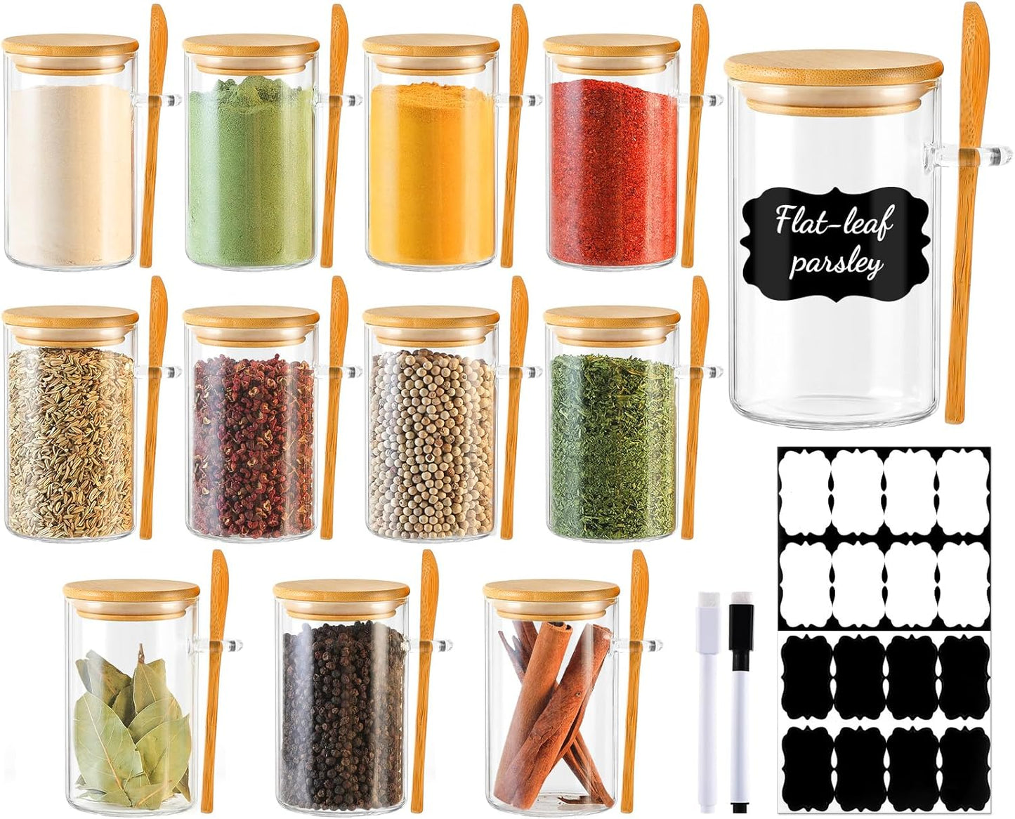 12 Pack 8 oz Set TBWIND Round Glass Spice Jars with Lids and Spoons Airtight Small Spice Containers with Labels, Clear