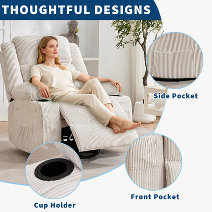 Rocking Recliner Chair for Adults Corduroy Wide Upholstered Glider Recliner with Cup Holder Deep Seat Single Sofa Rocker Chair for Nursery Living Room