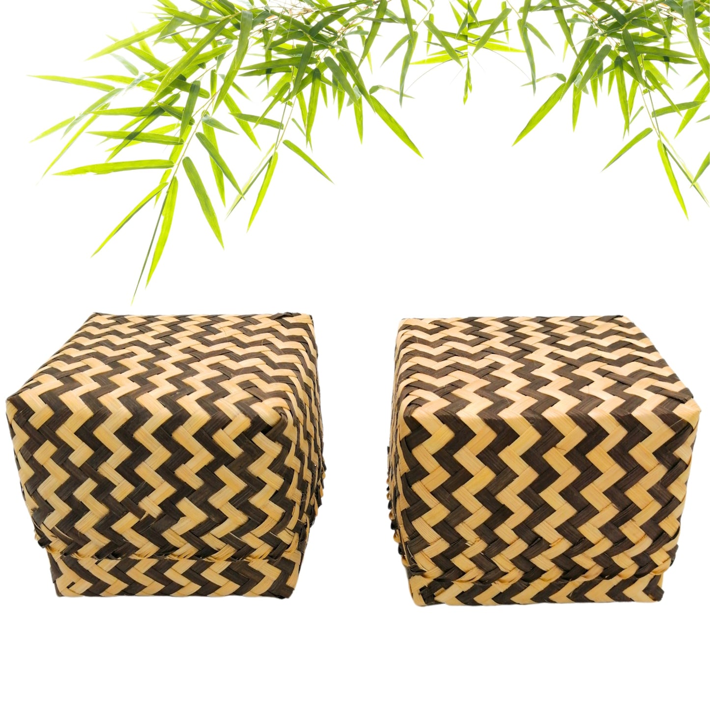 Sticky Rice Basket, Bamboo Rice Container, Kratip Zig Zig Woven 3.5 Inches Steamed Sticky Rice Bowl, Thailand Handmade Serving Basket, Original Bamboo Color, Thai Laos Kratib (Zig Zack Pack of 2)