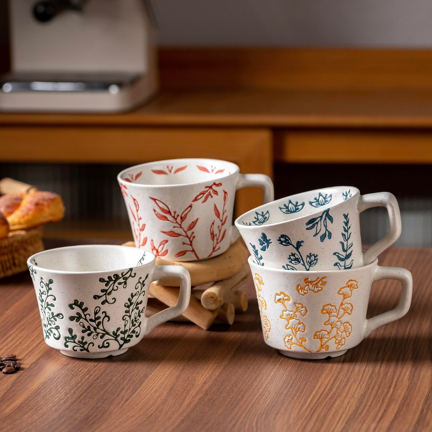Ceramic Mugs 11 oz Unique Luxurious Cups Set of 4, Mug for Coffee Milk Latte Cappuccino Tea, Office Home Dishwasher Microwave Freezer Safe Stoneware Handmade Minimalist Mixed Cup