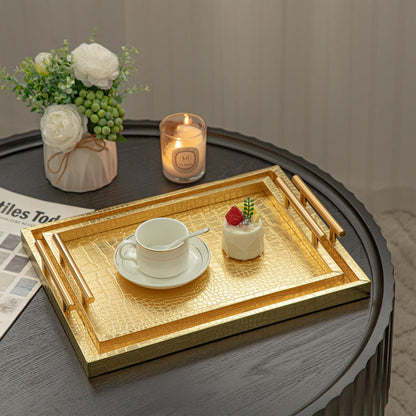 JUMBO HUMBLE Modern Elegant Large Wood Serving Tray, Set of 2 Gold Crocodile Leather with Gold Polished Metal Handles, Home Decorative Rectangle Ottoman Decor Platter Living Room Bathroom Vanity Tray
