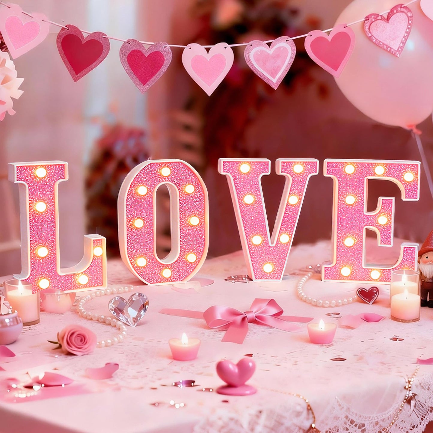 Valentine’s Day Decorations – Galentines LED LOVE Marquee Light Letters, Pink Glitter Battery Operated Tabletop Sign for Home, Party, Shelf and Mantel Décor