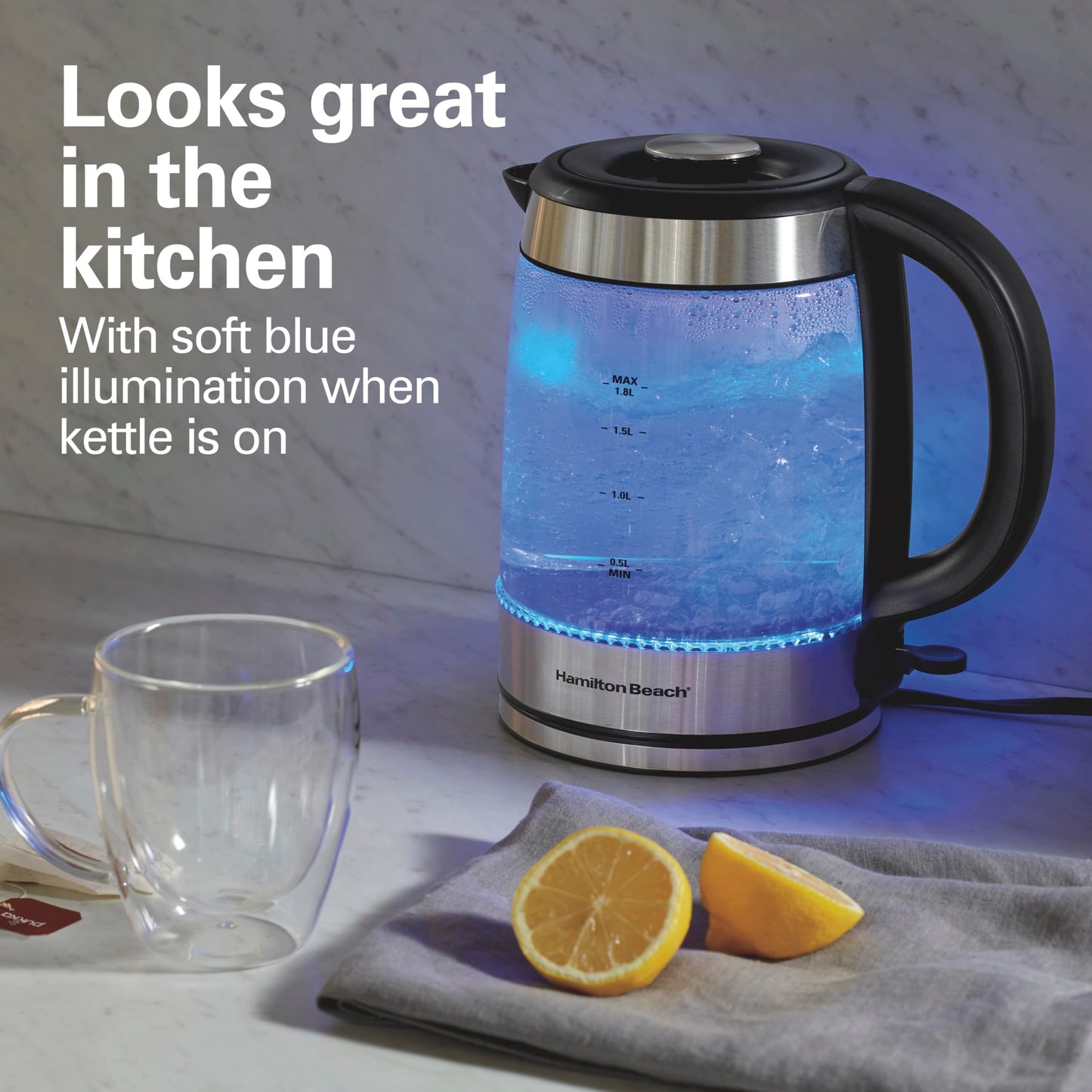Hamilton Beach Electric Tea Kettle, Water Boiler & Heater, 1.8 Liter, Cordless Serving, 1500 Watts for Fast Boiling, Auto-Shutoff and Boil-Dry Protection, Easy-View Glass (40853C)