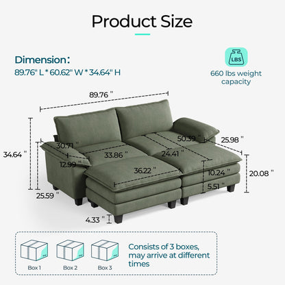 LINSY HOME Modular Sectional Sofa - Oversized Corduroy Cloud Couch with Movable Ottoman Soft Modern Comfy Sofa Set for Living Room Apartment Office, Green