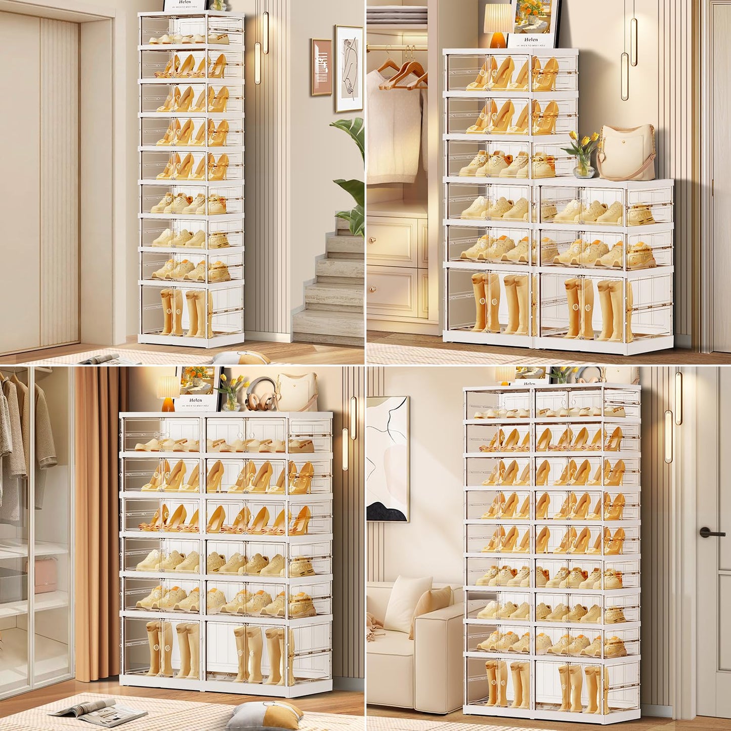CIMLORD 9-Tier Foldable Shoe Rack for Closet Entryway 18-36Pairs,Stackable Clear Shoe Storage Boxes Organizer with Door Plastic Shoe Cabinet Bins with Lids Shoes Shelf Easy Assembly Large White