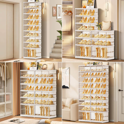 CIMLORD 9-Tier Foldable Shoe Rack for Closet Entryway 18-36Pairs,Stackable Clear Shoe Storage Boxes Organizer with Door Plastic Shoe Cabinet Bins with Lids Shoes Shelf Easy Assembly Large White
