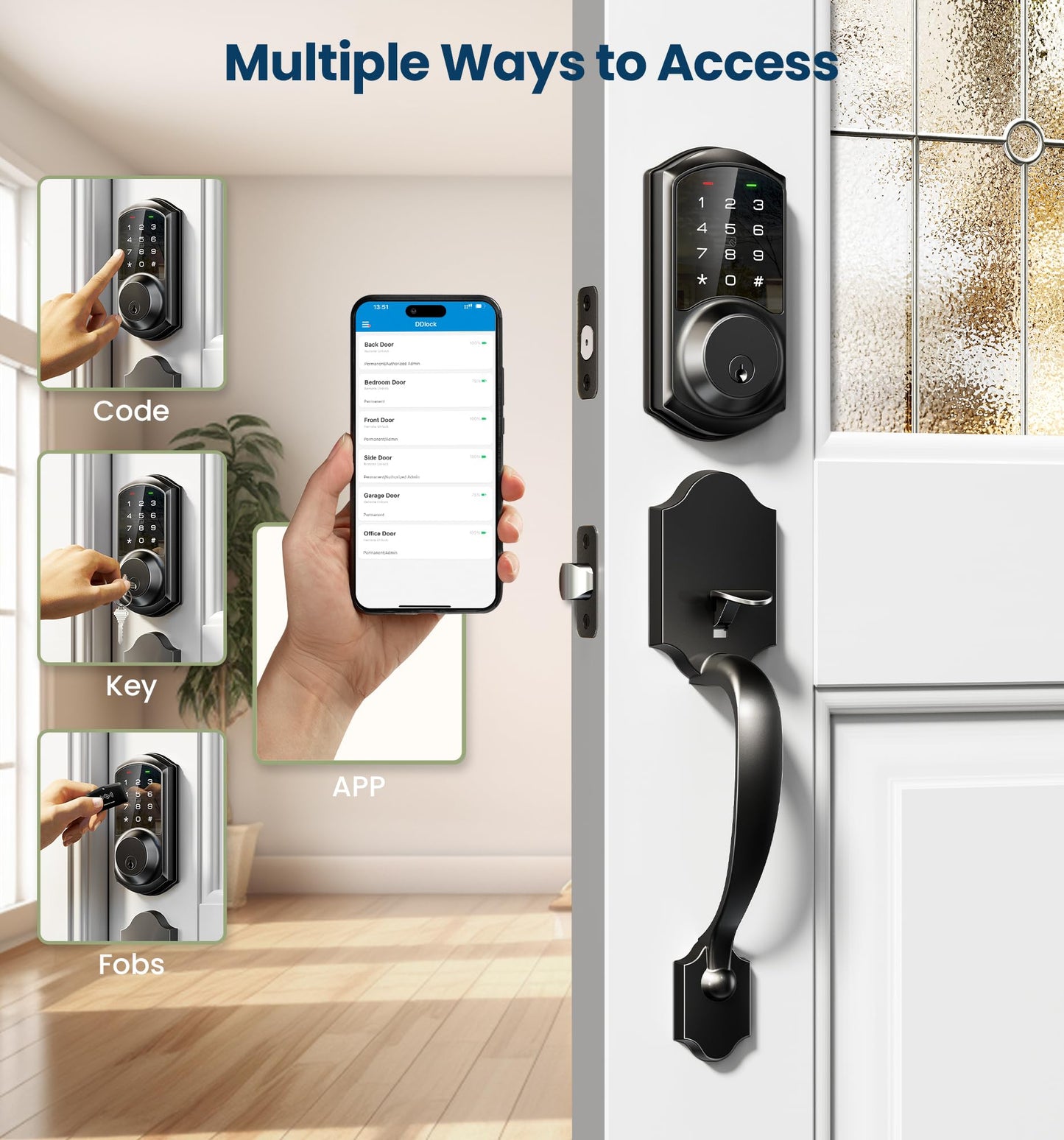 Veise VE06-H Smart Front Door Lock Set, App Control, Keyless Entry Deadbolt with Lever Handle, Electronic Digital Touchscreen Keypad, Auto Lock, Easy Install, Matte Black