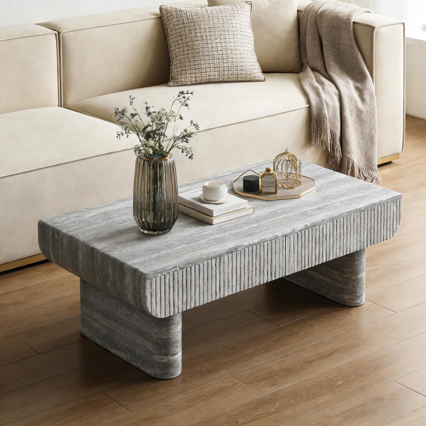 GDFStudio 46.85" Rectangle Coffee Table with Hidden Storage Drawer, Modern Wood Center Table with Faux Marble Top & Fluted Design, Small Space Coffee Table for Living Room Home Office, Grey