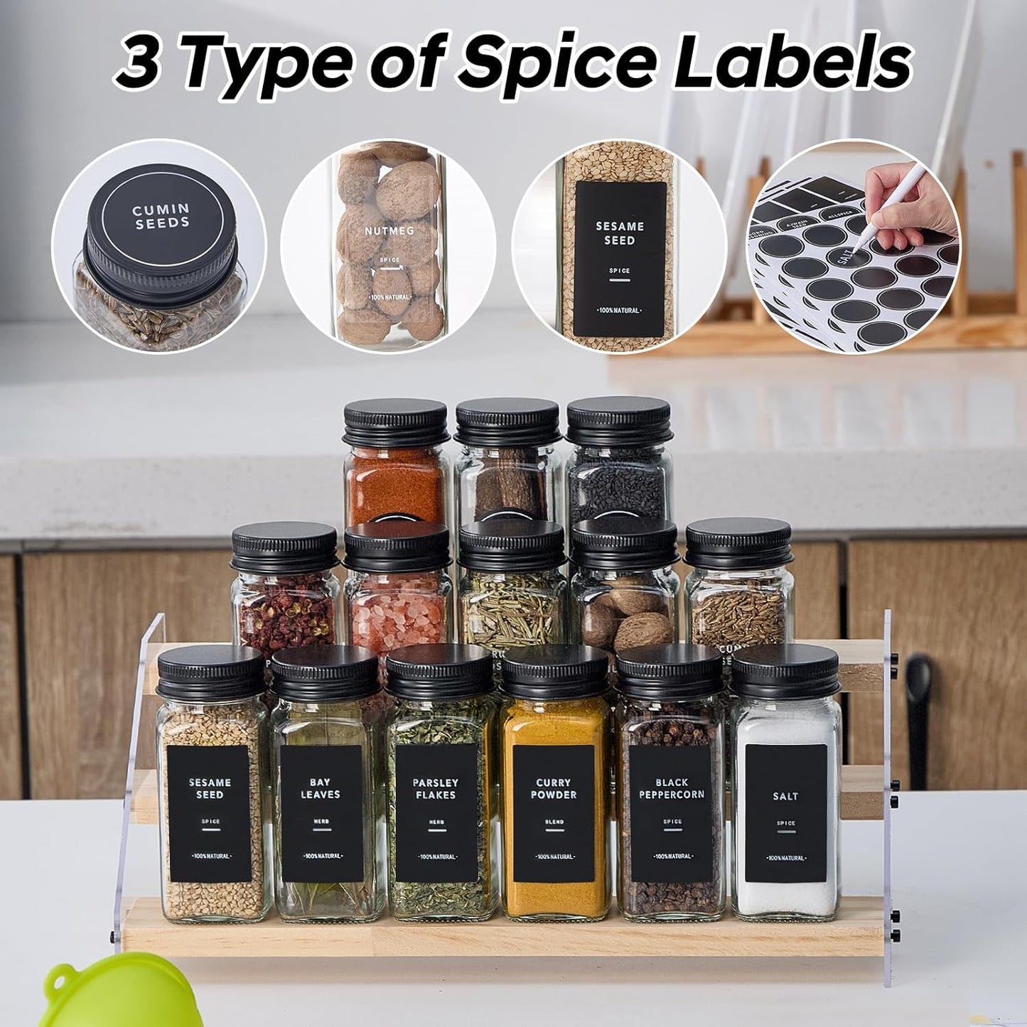 24 576 4oz Glass Spice Jars with Labels-Spice Jars with Black Metal Caps, Empty Square Spice Containers with Shaker