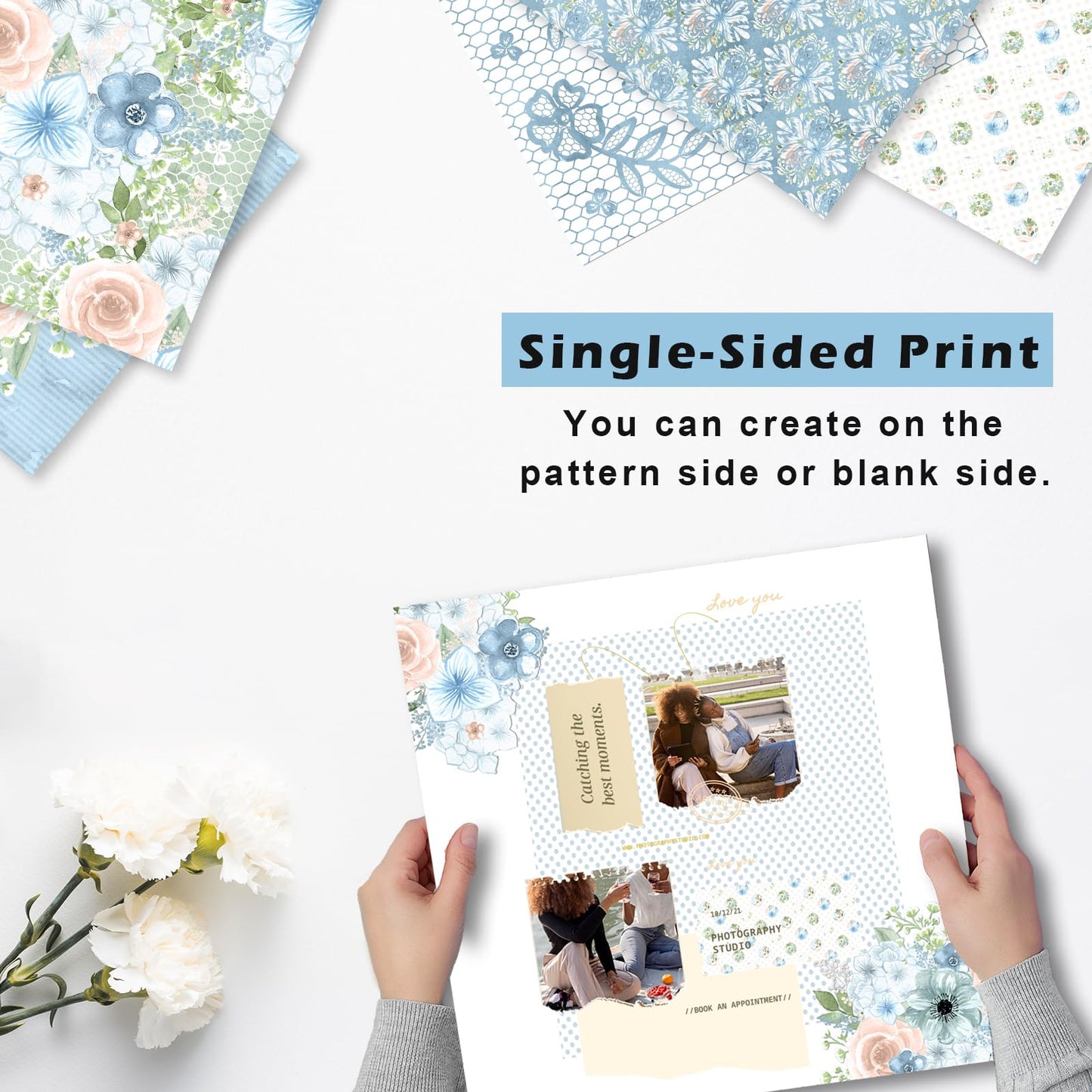 28 Sheets Scrapbook Paper, Floral Scrapbooking Specialty Papers 160gsm Cardmaking Craft Paper Pack Decorative Paper for Card Making (12"X12" Inch, Powder Blue Flowers)