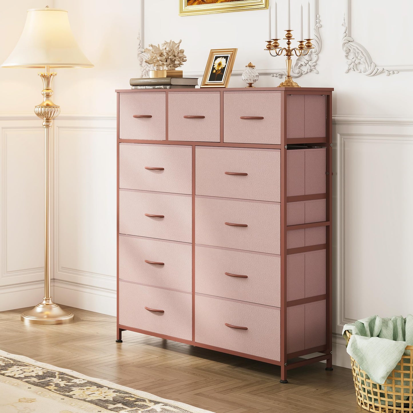 WLIVE Tall Dresser for Bedroom, Fabric Dresser Storage Tower, Chest of Drawers Organizer Unit with 11 Drawers, Storage Cabinet, Hallway, Closets, Steel Frame, Wood Top, Pink