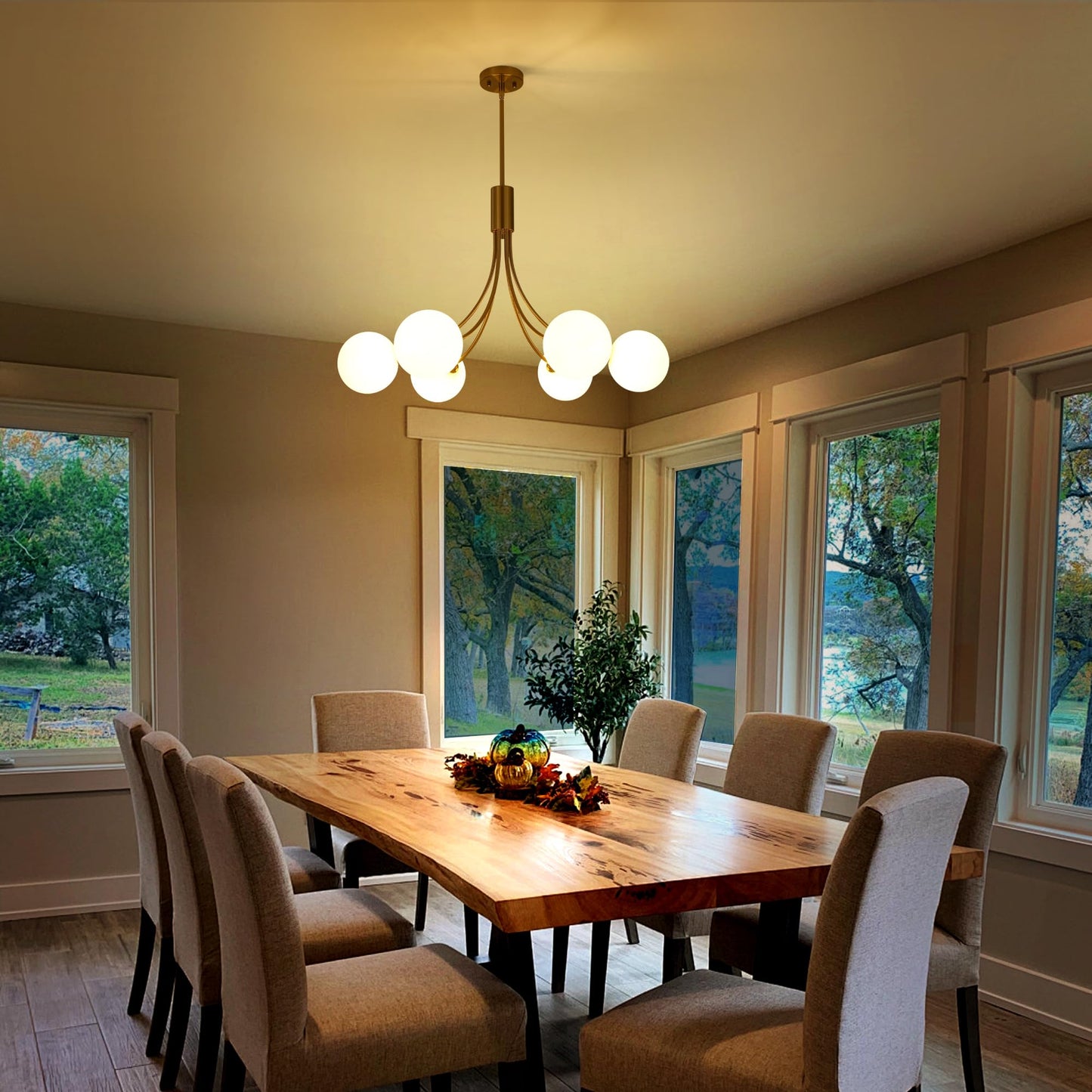 Xeruyiwa 6-Light Modern Gold Sputnik Chandelier Mid Century Brushed Brass Light Fixture with Milk Glass Globes for High Ceiling Dining Room Kitchen Island Living Room