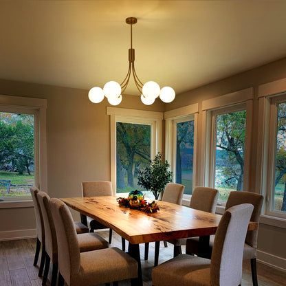 Xeruyiwa 6-Light Modern Gold Sputnik Chandelier Mid Century Brushed Brass Light Fixture with Milk Glass Globes for High Ceiling Dining Room Kitchen Island Living Room