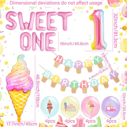 Sweet One 1st Birthday Decorations for Girls - Donut & Ice Cream Theme Party Supplies Set