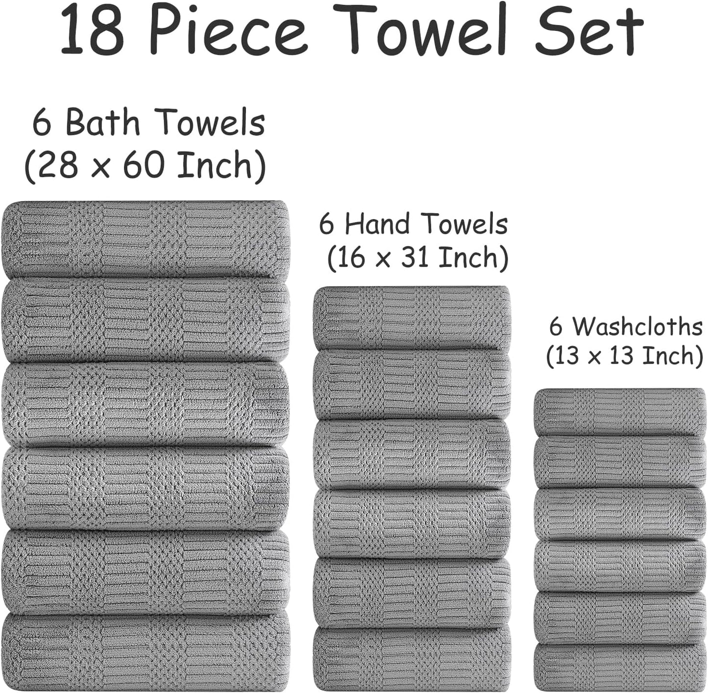 18 Set-6 Sheets,6 Towels,6 Set Pcs Gray Woven Family Towels Bath Hand Washcloths Soft Microfiber Towels Absorbent