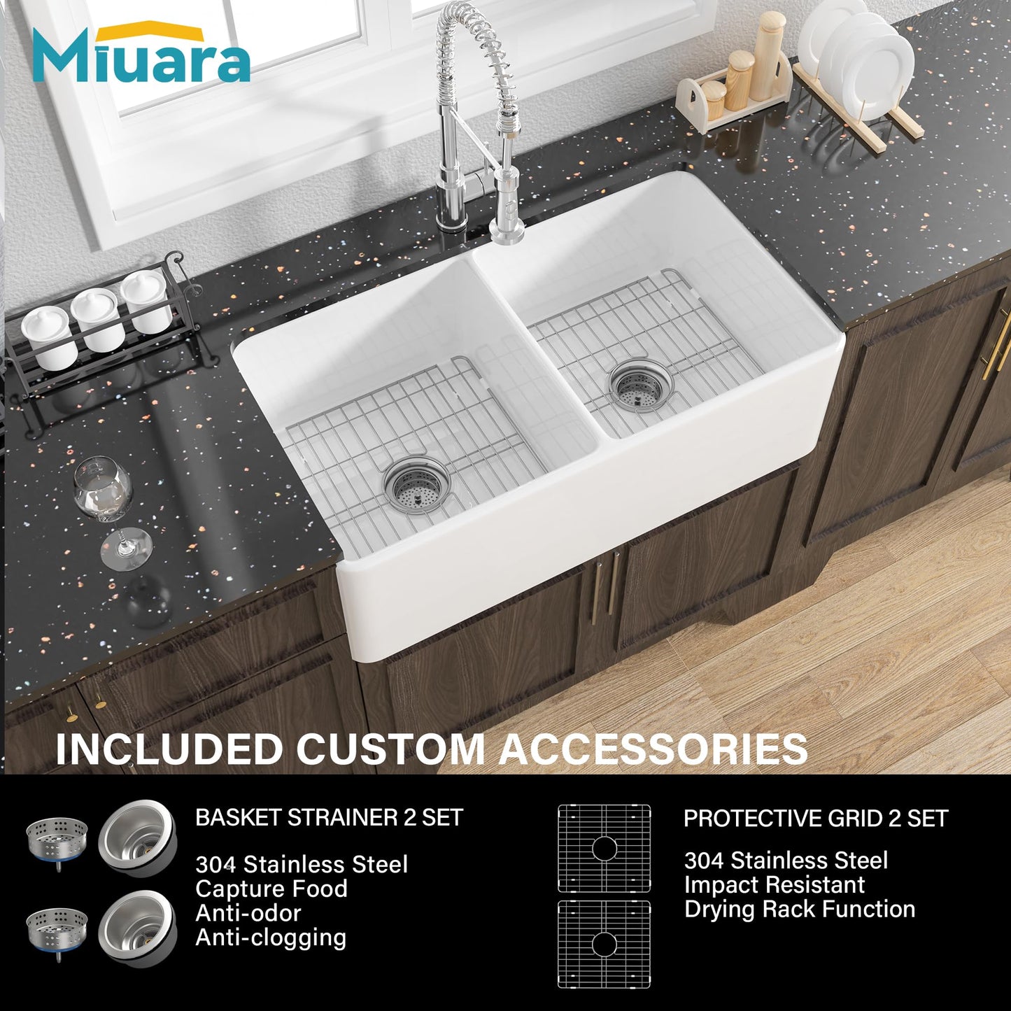 Miuara Farmhouse Sink Double Bowl 33 Inch - White Apron Front Kitchen Sink Reversible 33"x18", Undermount Farm House﻿ Style Dual Basin 50/50, Heavy Duty Solid Fireclay, for Kitchen