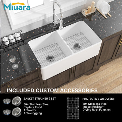 Miuara Farmhouse Sink Double Bowl 33 Inch - White Apron Front Kitchen Sink Reversible 33"x18", Undermount Farm House﻿ Style Dual Basin 50/50, Heavy Duty Solid Fireclay, for Kitchen