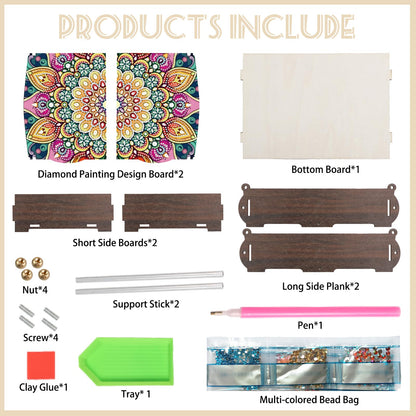 MVVMTOP Diamond Art Painting Kit Wooden Storage Box, Mandala Pattern DIY Special Shaped Diamond Flip Cover Wooden Money Box, Handmade Art Desktop Decorations Birthday Gifts for Friends