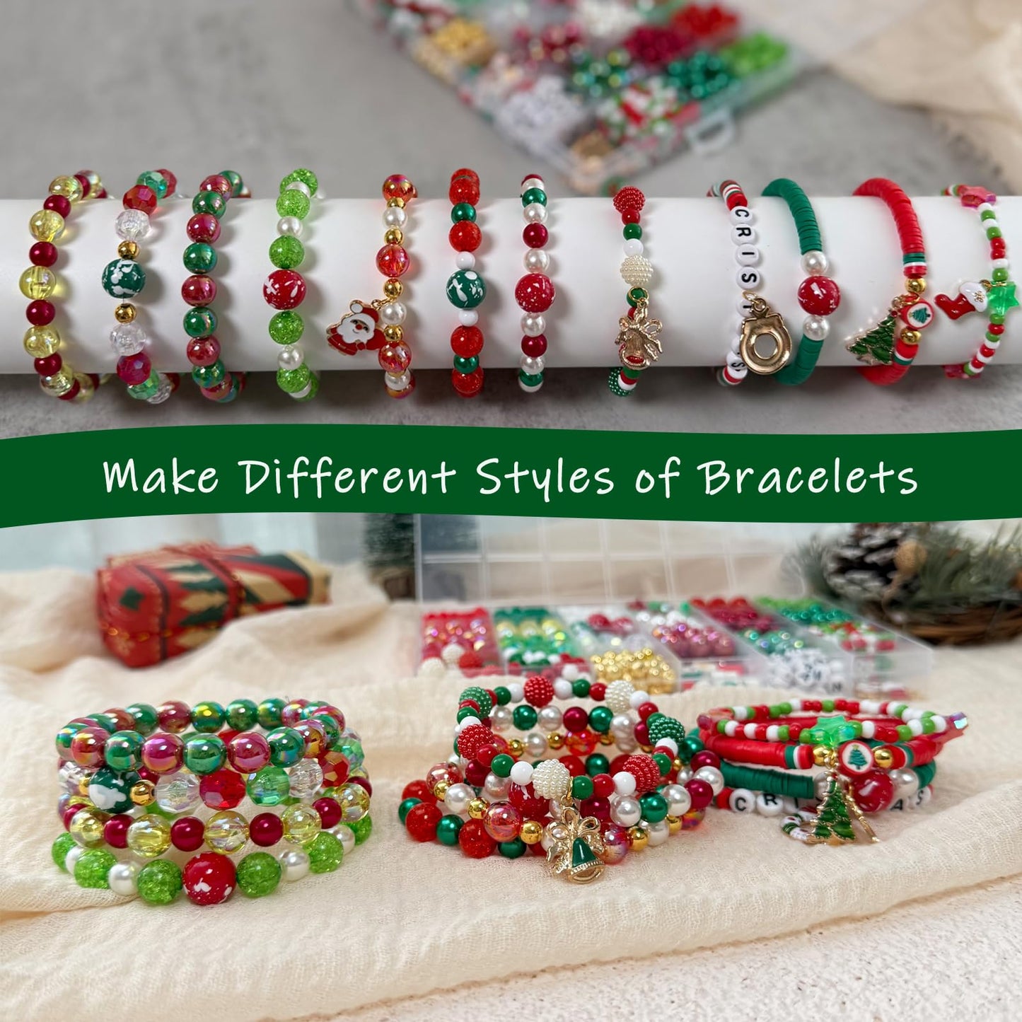 LLchunyun 1449PCS Christmas Beads for Bracelets Making Kit, Christmas Charms Red Green Beads for Jewelry Making Assorted Acrylic Crystal Round Pearl Star Spacer Clay Bead for Necklace Keychain Making