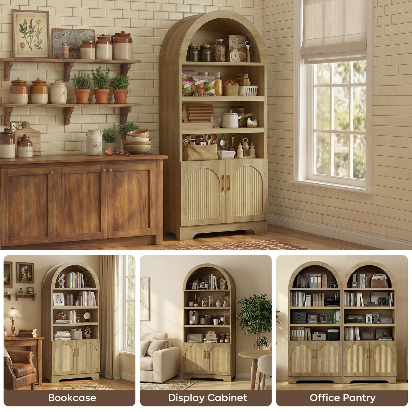 Bestier 71" Tall Arched Kitchen Pantry, Arched Cabinet with Doors, Modern Farmhouse Wood Kitchen Storage Cabinets with 3-Tier Adjustable Shelves for Living Room, Dining Room, Ktichen, Oak