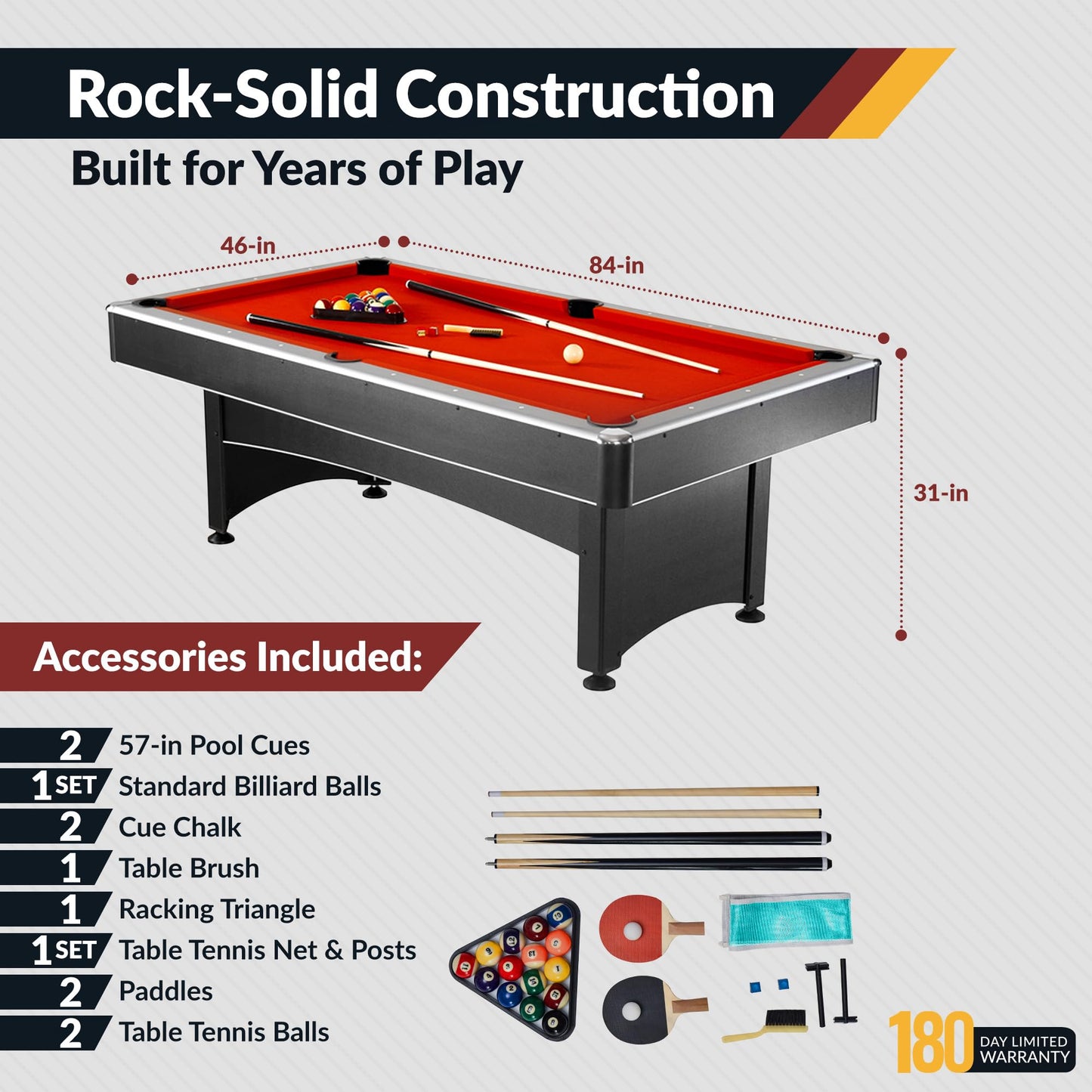 Hathaway Maverick 7 Foot Pool Table with Table Tennis Top – With Accessories for Both Games – Space-Saving Ping Pong and Pool Table Combo for Families – Matte Black Finish, Red Felt