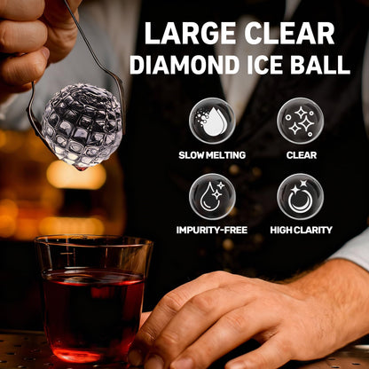 Clear Ice Cube Maker Tray – 2.3 Inch Large Diamond Ice Ball Mold, Stainless Steel & Silicone, Slow Melting Transparent Ice for Whiskey, Cocktails, and Home Bar Use