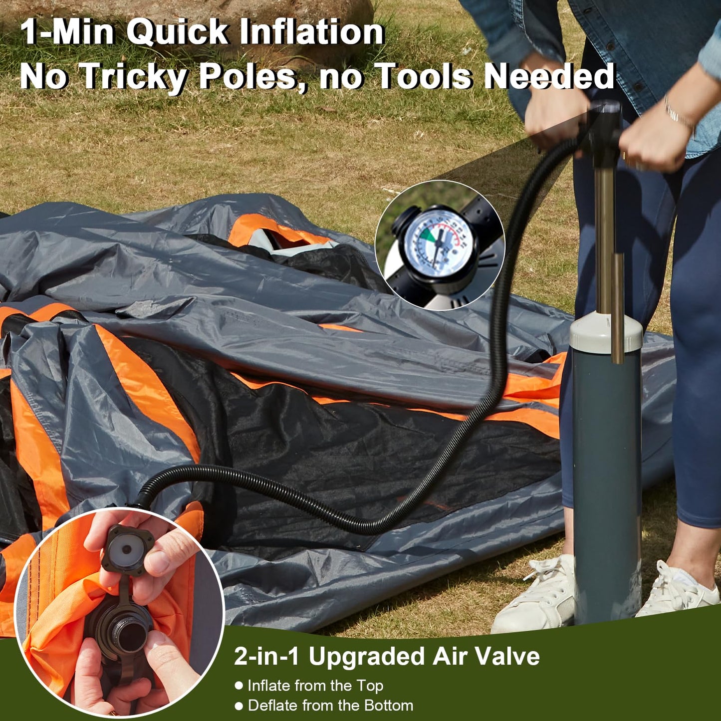 2-3 Person Inflatable Glamping Tent,Easy Set up with Hand Air Pump, Waterproof Blow Up Tent for Adults, Portable Outdoor for Hiking/Backpacking/Fishing，Grey