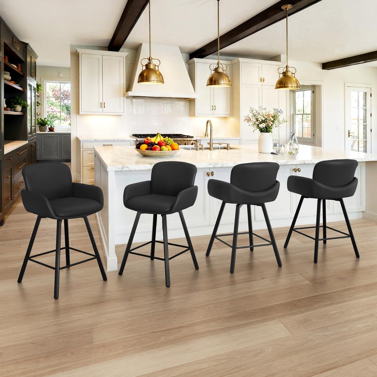 LUE BONA 26" Swivel Bar Stools Set of 4, Counter Height Bar Stools with Backrest and Arms, Modern Upholstered Barstools with Metal Legs for Kitchen Island, Black