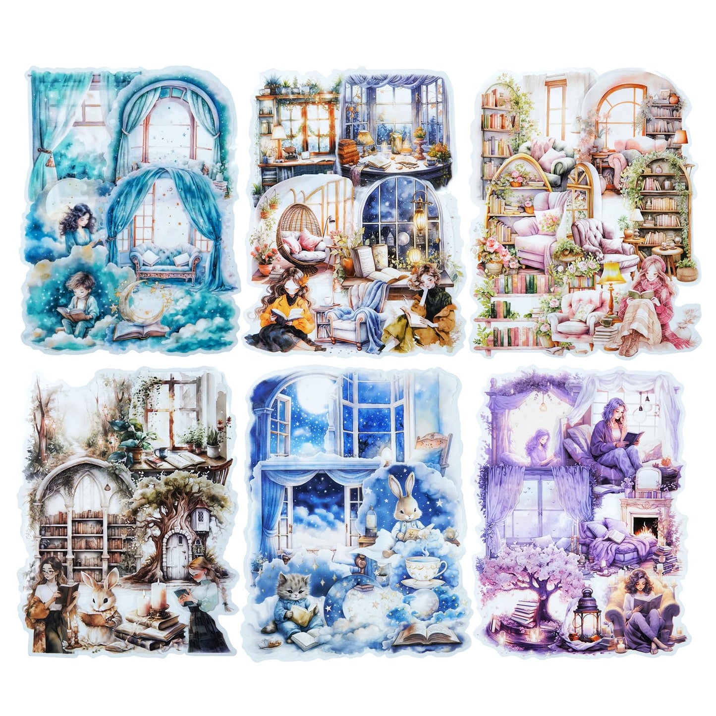 AuriicLeaf Night Reading PET Sticker Set, 90PCS Calming Scenes for Scrapbooking, Journal Supplies, and DIY Crafts