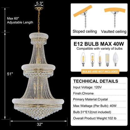 Homeooze 31 - Light Large Empire Crystal Chandelier for High Ceiling Foyer Entryway Staircase Living Room Dining Room Gold Finish