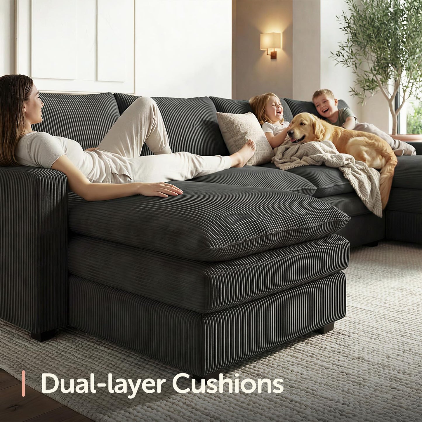 HONBAY 97.6 Inch Corduroy Cloud Modular Sectional Sofa with Chaise, Deep Seat L-Shaped Couch with Storage for Living Room, Apartment, Small Space,Grey