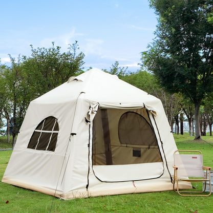 KNUO Inflatable Tent for Winter Camping 7.8x7.8ft Blow Up Air Tents, No Assembly Needed Luxury Glamping Tent for 1/2/3 People, Waterproof Oxford, Beige