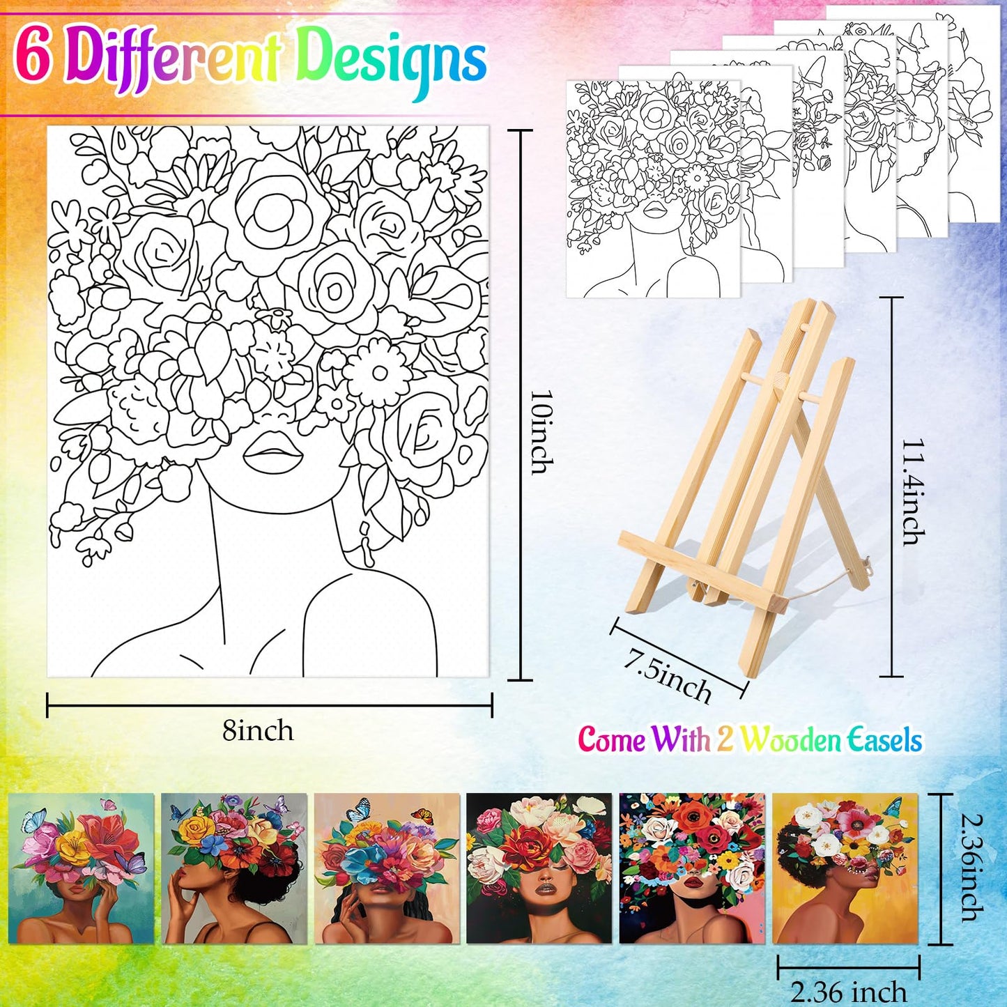 AmazingSpark 6 Set Paint and Sip Kit for Adults 8"x 10" Pre Drawn Canvas for Painting DIY Acrylic Paint Set Canvas Panels Wood Easel, 24 Colors 60ml 2oz Date Night Easter Party Favors(Art Lady)