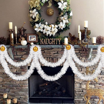 FOIMAS 33FT Christmas Tinsel Garland, White Twisted Metallic Hanging Garland for Christmas Tree, Fireplace Home