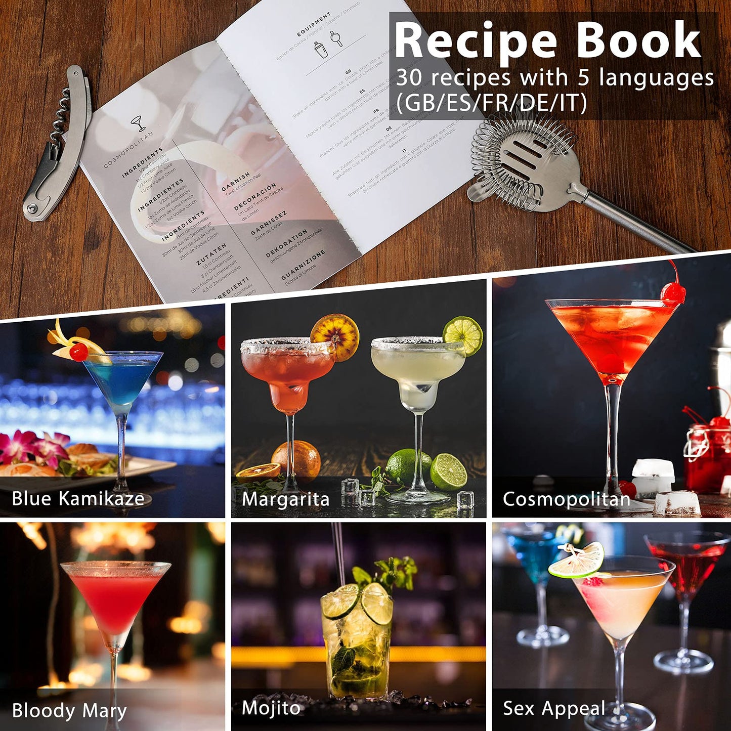 Cocktail Shaker Set Bartender Kit, Godmorn 15Pcs Bartender Shaker Set, 304 Stainless Steel Martini Shaker and Strainer, Bar Tool Set with Bamboo Stand, Recipe Book, for Home and Bar Party