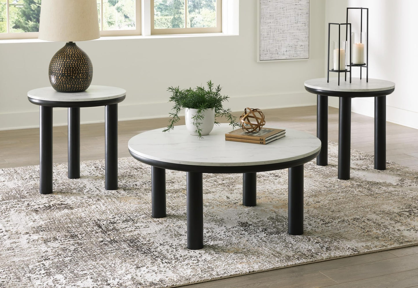 Signature Design by Ashley Xandrum Casual Faux Marble Occasional Table Set, Set of 3, Black & White