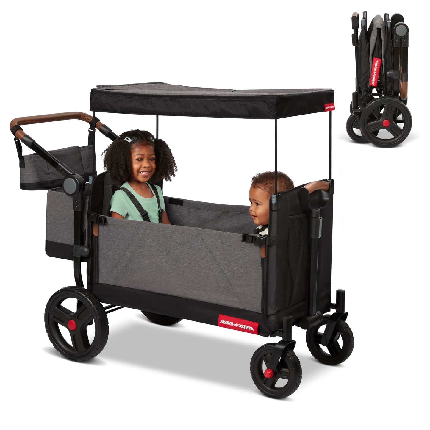 Radio Flyer Atlas Stroll 'N Wagon, Atlas Gray, for Ages 1+, 3-in-1 Push or Pull Versatility, One-Hand Fold, UV Canopy, 5-Point Harnesses, Storage Capabilities, Rubber Wheels, Stroller Wagon for Kids
