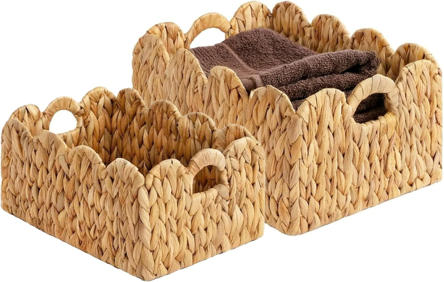 Set 2 LUSYDECO of Scalloped Edge Wicker Storage Basket with Built-in Handles, Rectangle Water Hyacinth Basket