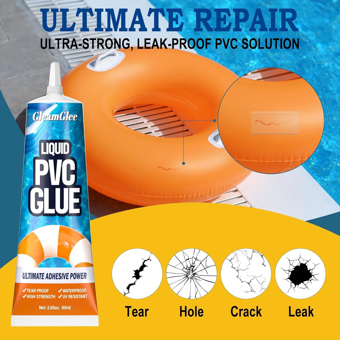 80ml Inflatable Repair Patch Kit with Glue Waterproof Vinyl & PVC Air Mattress Patch Kit for Air Beds, Pool Floats