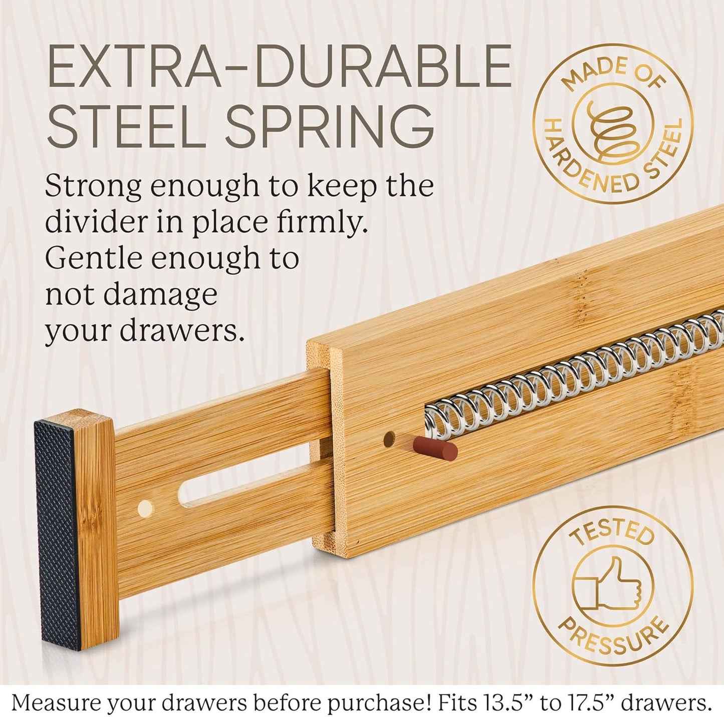 Expandable Bamboo Drawer Dividers - Wooden Organizers for Clothes, Kitchen Utensils, Bathroom, Dresser [13.5" - 17.5"]