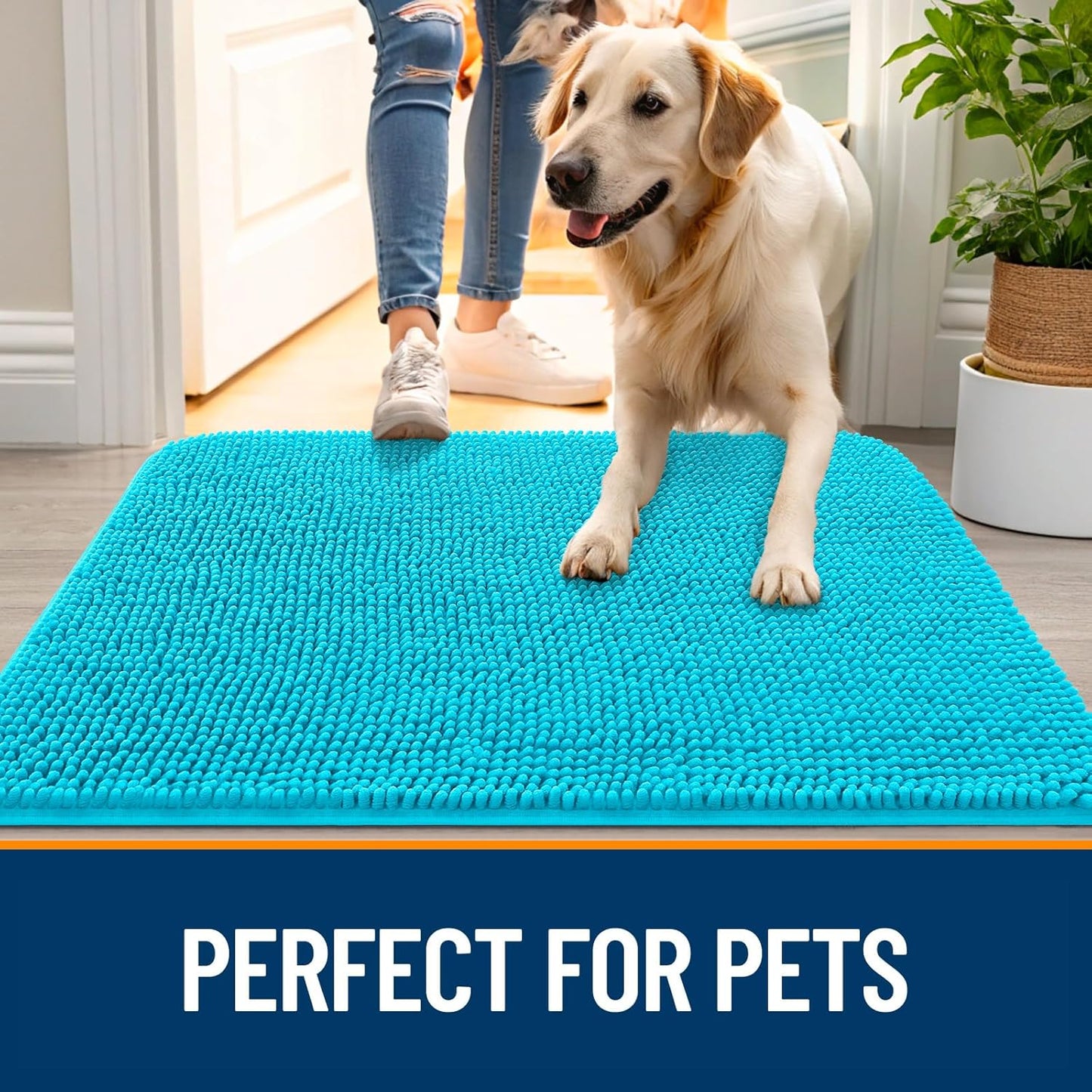 OLANLY Dog Door Mat - Absorbent Non-Slip Chenille Mat for Muddy Paws | 59x20 Inches, Aqua Blue