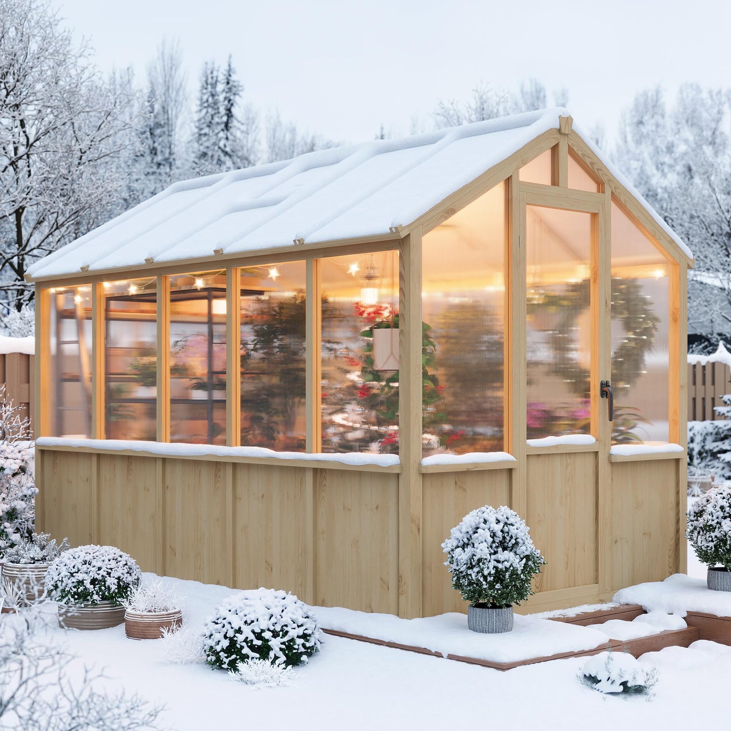 6x10 FT Greenhouse - Large Wooden Greenhouses for Outdoors, Heavy Duty Spruce Frame Greenhouse with PC Panels, Adjustable Roof Vents & Lockable Door, Walk-in Green Houses for Garden, Backyard, Patio
