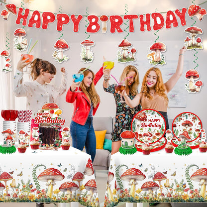 185Pcs Set, 25 cocomigo Mushroom Birthday Decorations Tableware Mushroom Birthday Decorations with Plates Napkins Cups